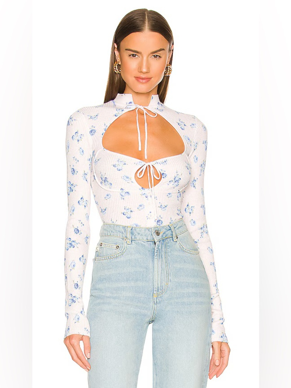 Guizio Floral Print Thermal Knit Tie Top in Blue Rose